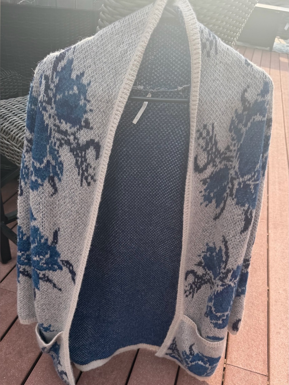 Free People Gray Cardigan with Blue Floral Jacquard